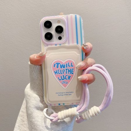 Fodral för iPhone 14PLUS/15PLUS korthållare randigt hjärta enkelt skal tecknad hållare kedja trans