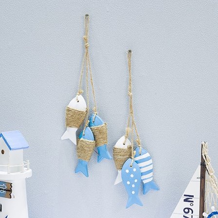 Treveggdekor i tre, 6 stk. tredekorasjonsfisk, dekor med fiskebein i tre, med snor, 9*4 cm