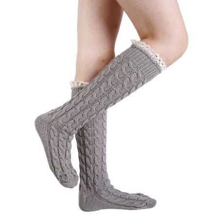 Høye Strømper for Kvinner Kabelstrikk Over Kne Boots Lys Grå KLB