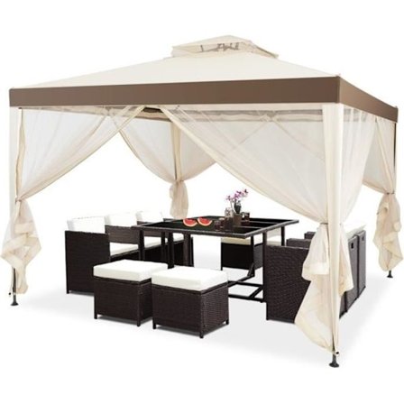 3x3M fristående trädgårdspaviljong med prydnadsföremål 4 myggnätsgardiner i beige polyester 298 x 299 x 200/265 CM