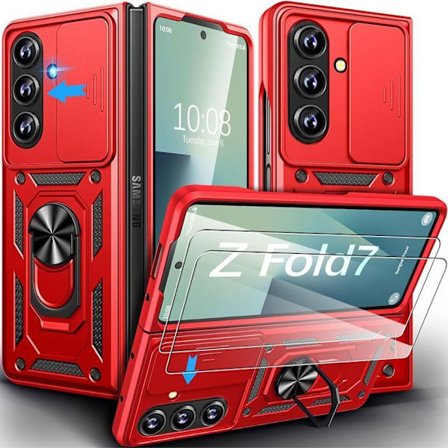 Skyddsskal - BOOLING - för Samsung Galaxy Z Fold 7 - Röd - Rotationsring - Härdat glas