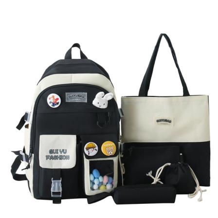 Ryggsäck koreansk stil Fresh Yuyu-serien Skolväska för låg- och gymnasieskola Stor kapacitet Casual Black five-piece set Colorful ball rabbit head 