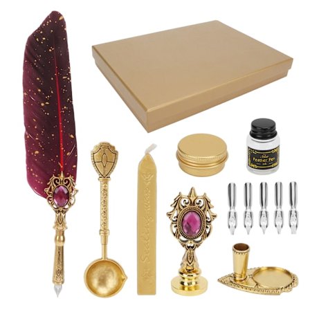 Vintage Britisk Stil Guld Fjer Pen Sæt med Blækhus Gaveæske Vinrød