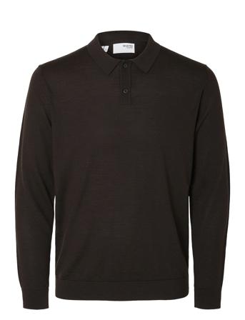 Slhtray Ls Knit Merino Polo Noos Tops Knitwear Long Sleeve Knitted Polos Brown Selected Homme