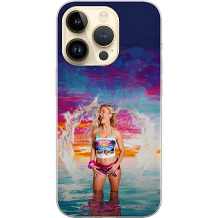 Kompatibel Mobilcover til Apple iPhone 15 Pro Blond kvinde i farverigt strandtøj, der leger i havet ved solnedgang