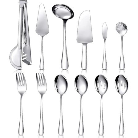 12 deler serveringsbestikk, store serveringsskjeer, sølv serveringsskjeer, rustfritt stål bestikk serveringssett, vertinnesett, kakeservering