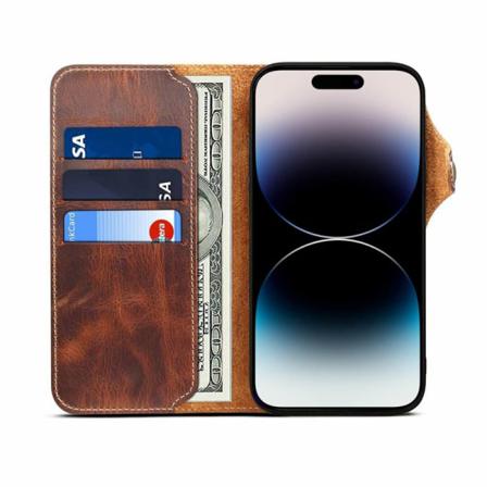 Mobilplånbok 3-kort Äkta Läder Apple Iphone 14 Pro - Brun