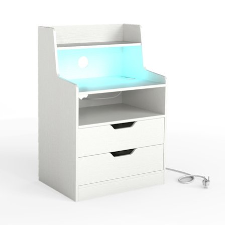 LED-natbord med ladestation, 2 skuffer, hvid
