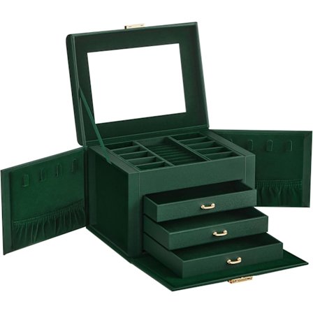 4-vånings smyckeskrin, Låsbar Smyckesorganisatör med Handtag, 3 Lådor, Resesmyckeskrin med Spegel, Smyckesförvaring