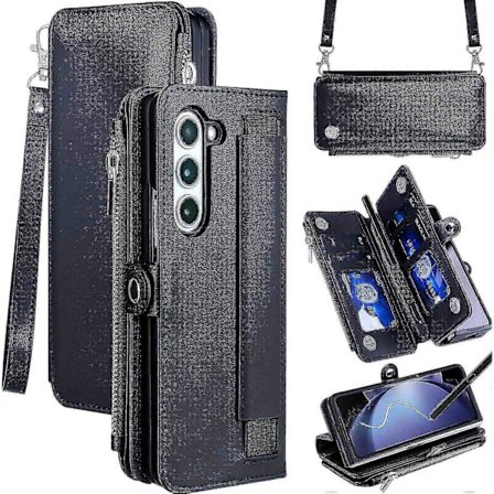 Kompatibelt med Samsung Galaxy Z Fold 5 Plånboksfodral, Z Fold 5 Fodral med S Pen-hållare med Rem & Dragkedja Magnetisk Flip Läderfodral - Perfekt