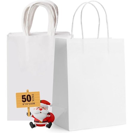 Små Presentpåsar med Handtag, Storpack 50 st Robusta Papperspåsar Vita för Bröllopsfest Presentpåsar, Matkassar, Butikspåsar Presentpåsar
