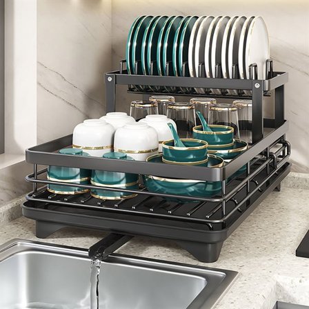 Opvaskestativ i stål med aftagelig bakke og to niveauer - Svart