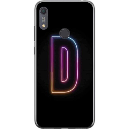 Yhteensopiva Puhelinkuori Huawei Huawei Y6s (2019) Minimalistinen neonkirjain D väriä vaihtavassa valossa mustaa taustaa vasten modernissa digitaali