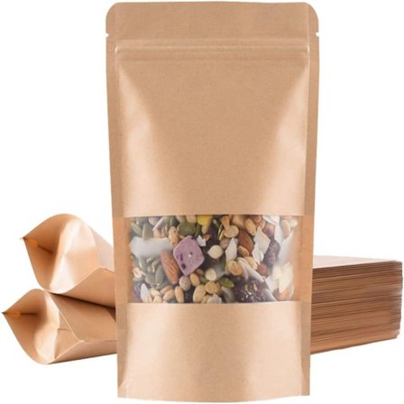 Kraftpapirsposer med vindue, stående poser til fødevareemballage og opbevaring, genanvendelige, forseglelige lynlåsposer med klart mat vindue