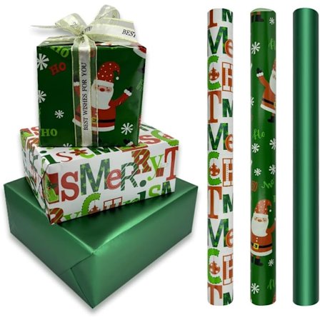 Julklappspapper Rulle - 3 Rullar 43cm x 3 Meter Grön Tryckt med Jultomte och Snöflinga