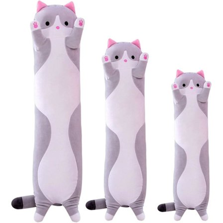 Kæmpe kattepude plys tegneserie killing sovende krammepude, nuttet blød lang killing krop pude dukke kat pude legetøj til børn kæreste (grå, 70cm