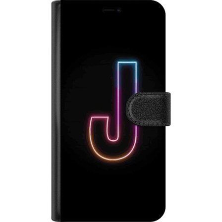 Kompatibelt Lommeboketui til Motorola Motorola Moto G34 Minimalistisk neonbokstav J i fargeskiftende lys mot svart bakgrunn