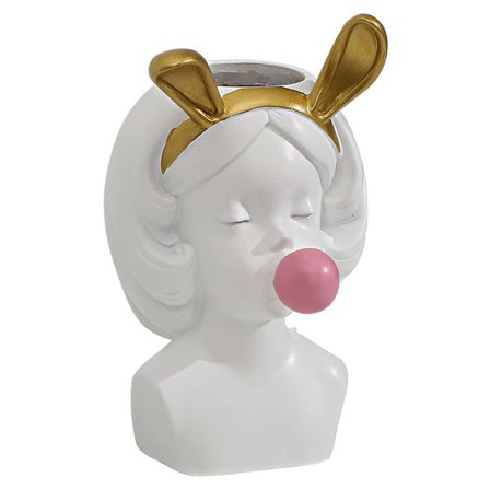 Hartsvas i harts med söta kaninöron flicka tuggummi ansikte växtkruka liten vas dekorativ sminkborste arrangör pennhållare för heminredning prydnad (