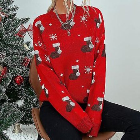 Juletrøje til kvinder med julemønster, jule-sokker, hue, varm strikket trøje ( )
