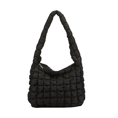 Kvinder Puffer Taske Quiltet Dun Bomuldsfyld Skuldertaske Stor Puffy Tote Taske Vinter Crossbody Håndtaske(SORT)