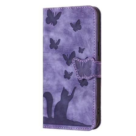 Etui til iPhone 14/13 Lilla-preget Sommerfugl Katt Skinn Etui Sommerfugl Katt 3D-preget Flip Lommebok med Kortholder