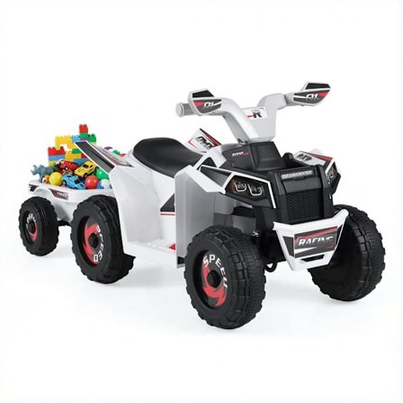 6V Børne Elektrisk ATV med Anhænger, Holdbare Hjul, Hvid