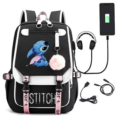 Stitch USB Oppladbar Skolesekk Mannlig og kvinnelig studentryggsekk Ryggsekk_a
