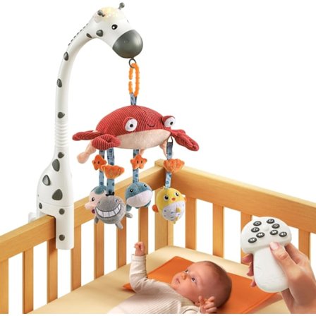 Baby Musikalsk Sengemobil med Fjernkontroll, Speil, Myke Dyr, Hengende Leker, Lys, Vuggesang, Roterende Projektor for Soving