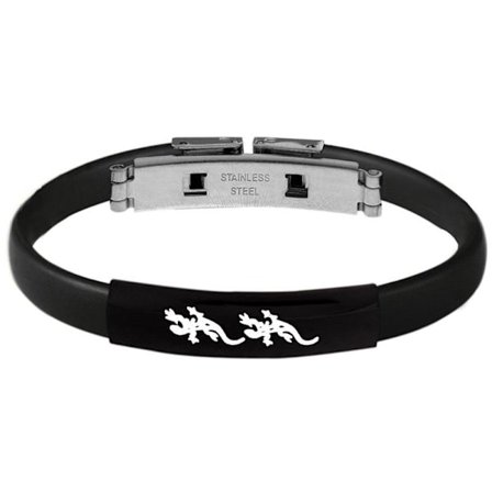 Armband i Svart & Silver - Rostfritt Stål & Gummi - Ödla / Gecko