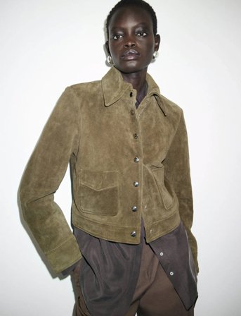 Mango Suede Leather Jacket With Buttons - Khaki green - XS