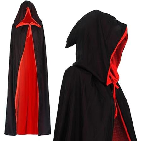 Vampyr hættekappe reversibel sort rød 130cm lang til børn eller voksen