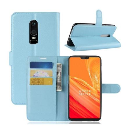 Oneplus 6 Liitsihedelmän Jyvä PU Nahka Lompakko Kuori - Vaalean Sininen Blue