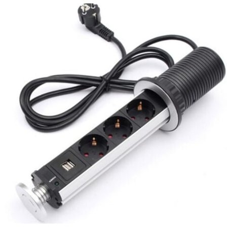 Eluttag för arbetsbänk, skrivbord, uppfällbar bas, USB-uttag för skrivbord, dolt skrivbordsuttag europeisk standard (3 uttag)/NC/