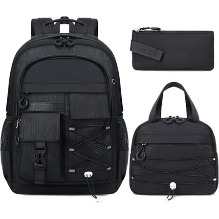 Sort Rygsæk til Drenge, Vandtæt 15,6 Tommer Laptop Skoletaske - 3-Delt Sæt med Madkasse & Penalhus, Holdbar Mellem-/Gymnasieskole