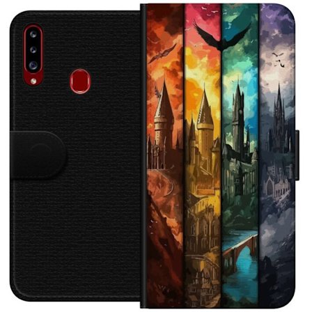 Kompatibel Tegnebogsetui til Samsung Samsung Galaxy A20s Fire magiske slotte i forskellige elementfarver, episk fantasykunst med ild vand luft og mør