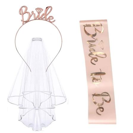 Morsian-olennainen vyö ja huntu, polttareiden tarvikkeita valkoisella tiaralla