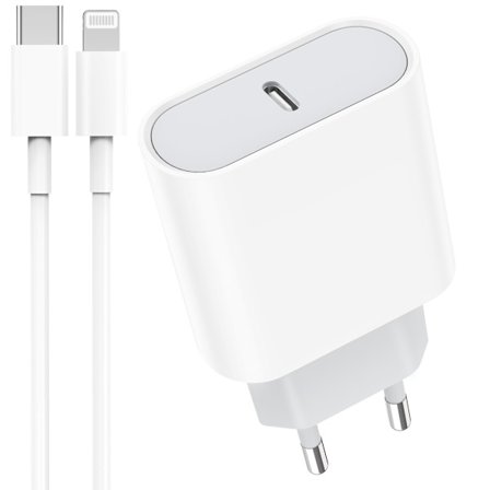 20W USB-C hurtiglader kompatibel med iPhone 15/14/13/12/11, med 2-meters datakabel.