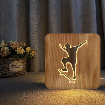 Lyspære Natlys Til Skateboard Træ 3d Lampe Kreative Trælys Simple Dekorative Lys 3d Træudskæringsmønster Led Natlys Til Skrivebord
