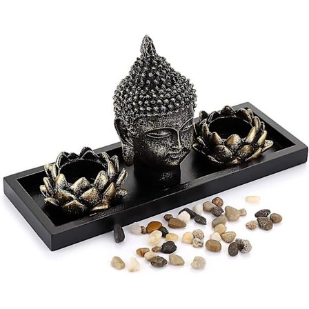 Buddha-hode skulptur statue med 2 lotus-telyslysestaker 1 trebrett dekorative steiner, Buddha meditasjon vottivlysbeholder