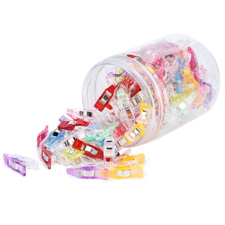 100 stk. små sømklemmer til stofhåndværk, farverige plastsyningsstifter