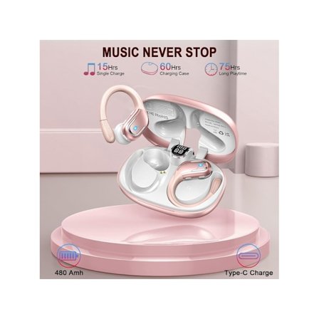 Trådlösa Bluetooth 5.3-hörlurar för sport med mikrofon, brusreducering, Hifi-stereo, 75 timmars over-ear-hörlurar med LED-display och YEMAESRE