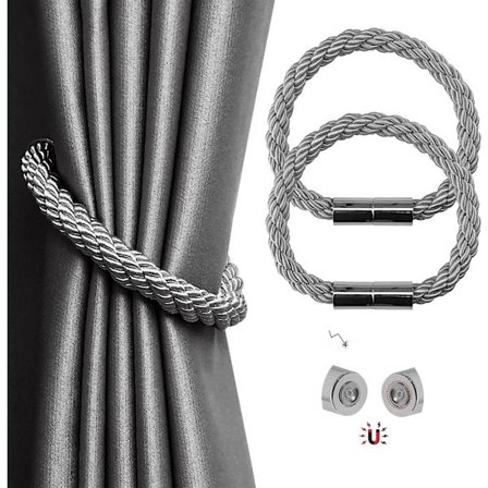 Magnetiske Gardinholdere, 2 Pak Moderne Enkle Gardinrebholdere med Stærk Magnet, Flettet Reb Gardinholder Dekoration (Grå)