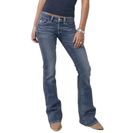 Blå bootcut jeans med broderade fickor