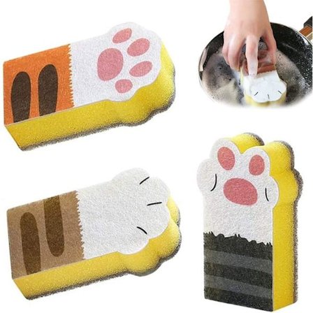 Kattesvamp, 3-pak rengøringssvampe formet som poter - fortykket køkkenskrubber til gryder, pander og rengøring i hjemmet (sød og funktionel)