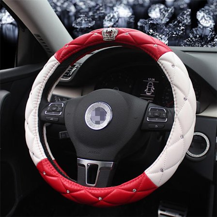Bilstolpar Inlagda Rhinestone Crown Fyr Säsonger Ratt Hjulskydd Bubblor Lädergreppsskydd (Röd & Vit)