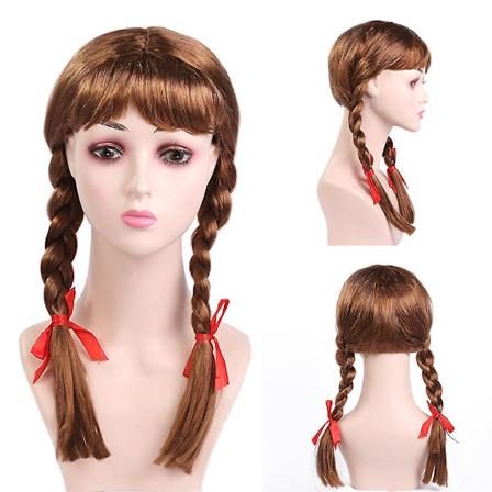 Halloween Annabell Horror Doll Kostyme Parykk For Kvinner Lang Brun Flettet Tilbehør Cosplay Parykker Med Røde Sløyfer