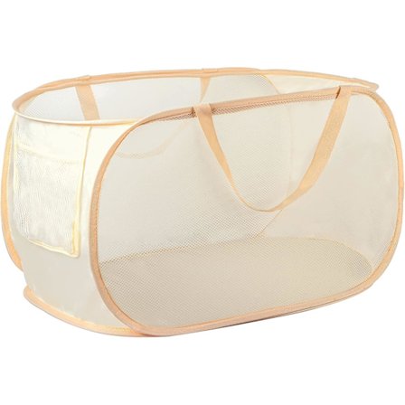 Vikbar tvättkorg, hopfällbar tvättkorg, hopfällbar nätkorg för smutsig tvätt (rivtålig, med kraftigt handtag) (beige).