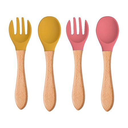 4 stk. Træskaft Silikone Ske Gaffel Baby Børn Gaffel Ske Silikone Gaffel Ske Langt Skaft Gaffel Ske