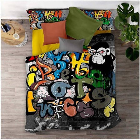 Hip Hop Farge Graffiti Sengesett Dynetrekk og Putetrekk 80% Mikrofiber + 20% Bomull med Skjult Glidelåslukking)