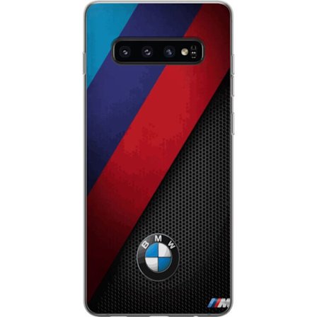 Kompatibelt Mobilskal till Samsung Galaxy S10 Abstrakt BMW-inspirerad design med diagonala färgfält i blått, rött och svart mot perforerad metalls